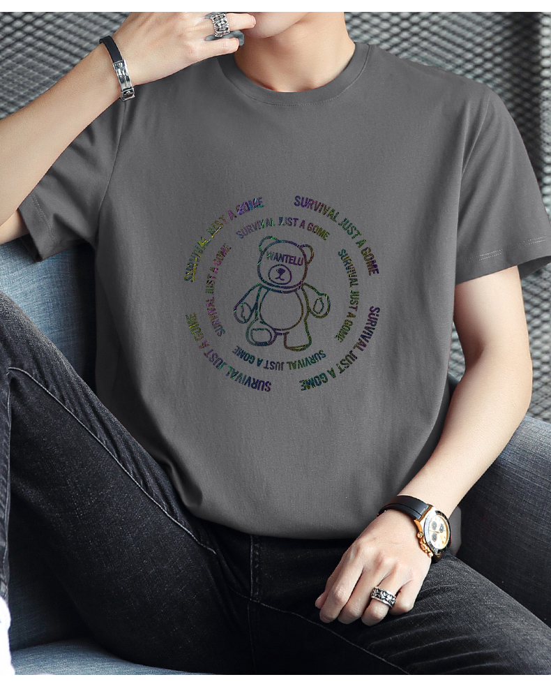白Tシャツ メンズ くまさん円形刺繍カジュアル半袖