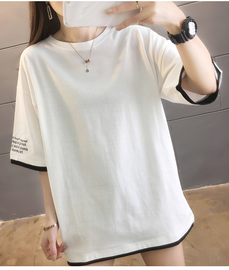 白Tシャツ 袖配色ラインゆったりクルーネック半袖トップス