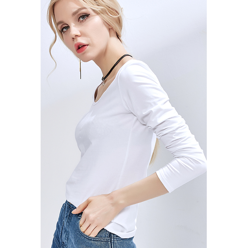 白Tシャツ レディース すっきり着こなし長袖ラウンドネック