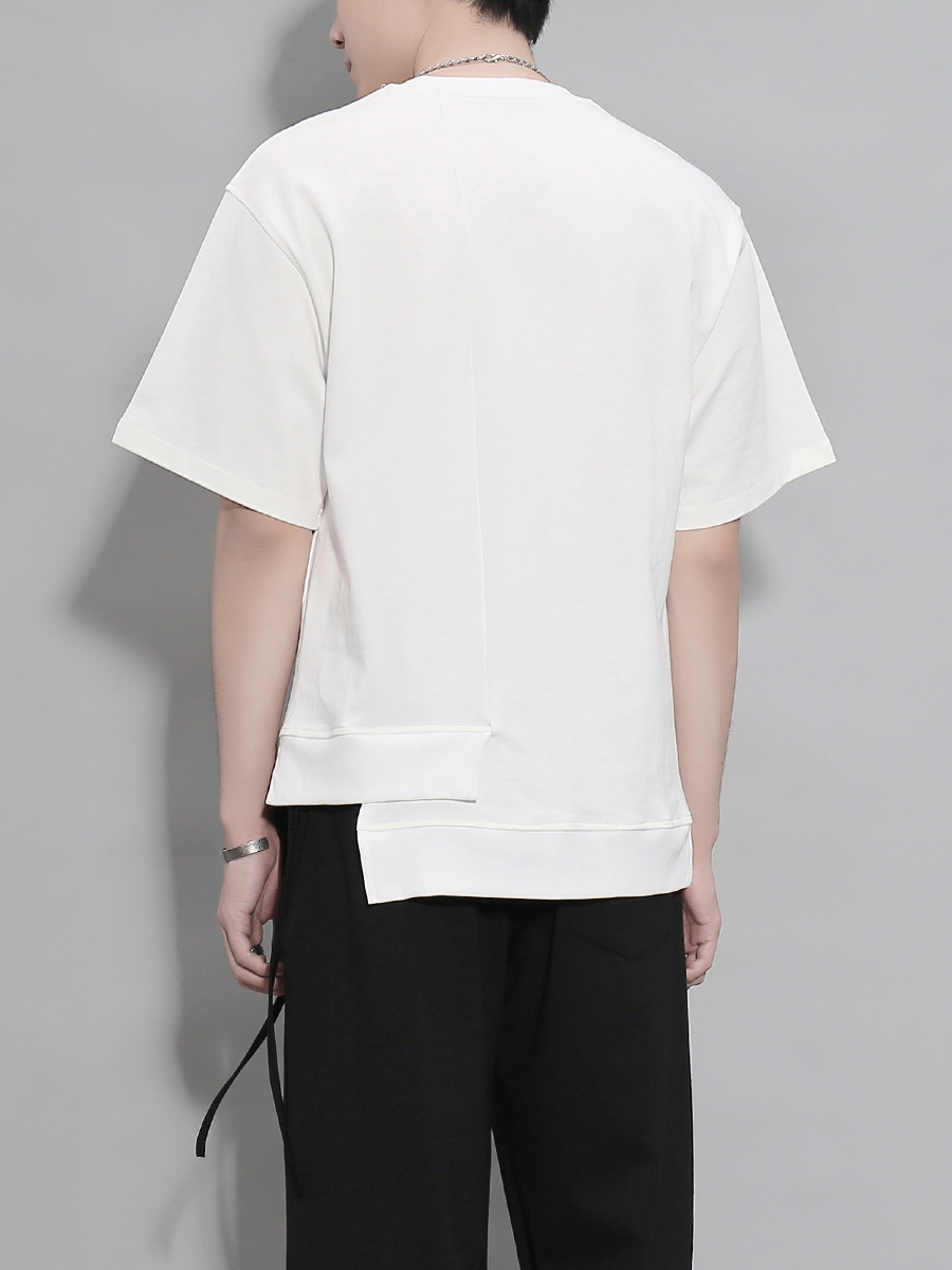 白Tシャツ メンズ 非対称裾デザイン半袖シャツ