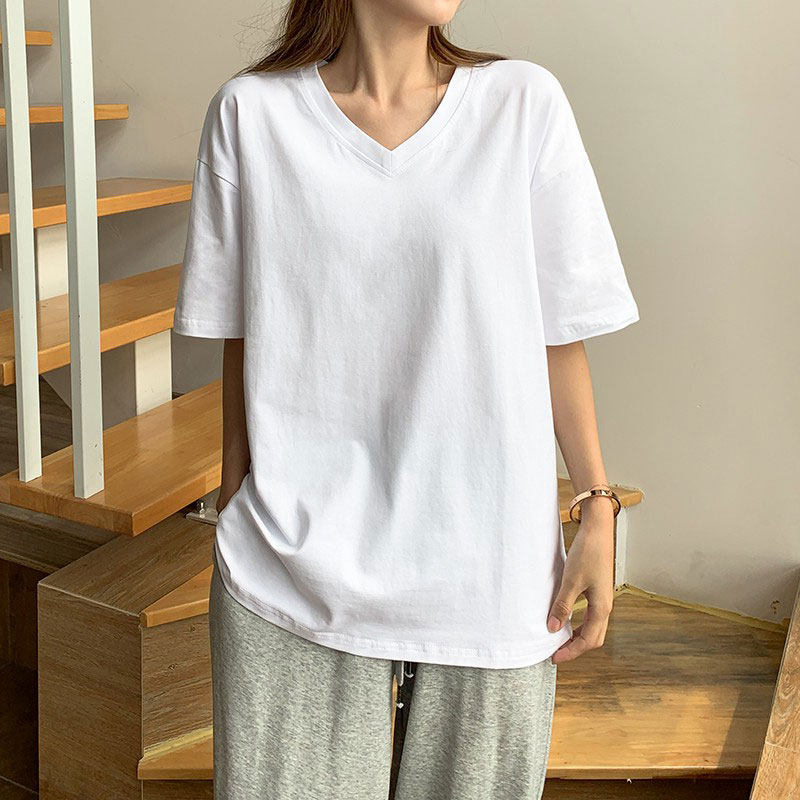 白Tシャツ ゆったりブイネックベーシック半袖トップス