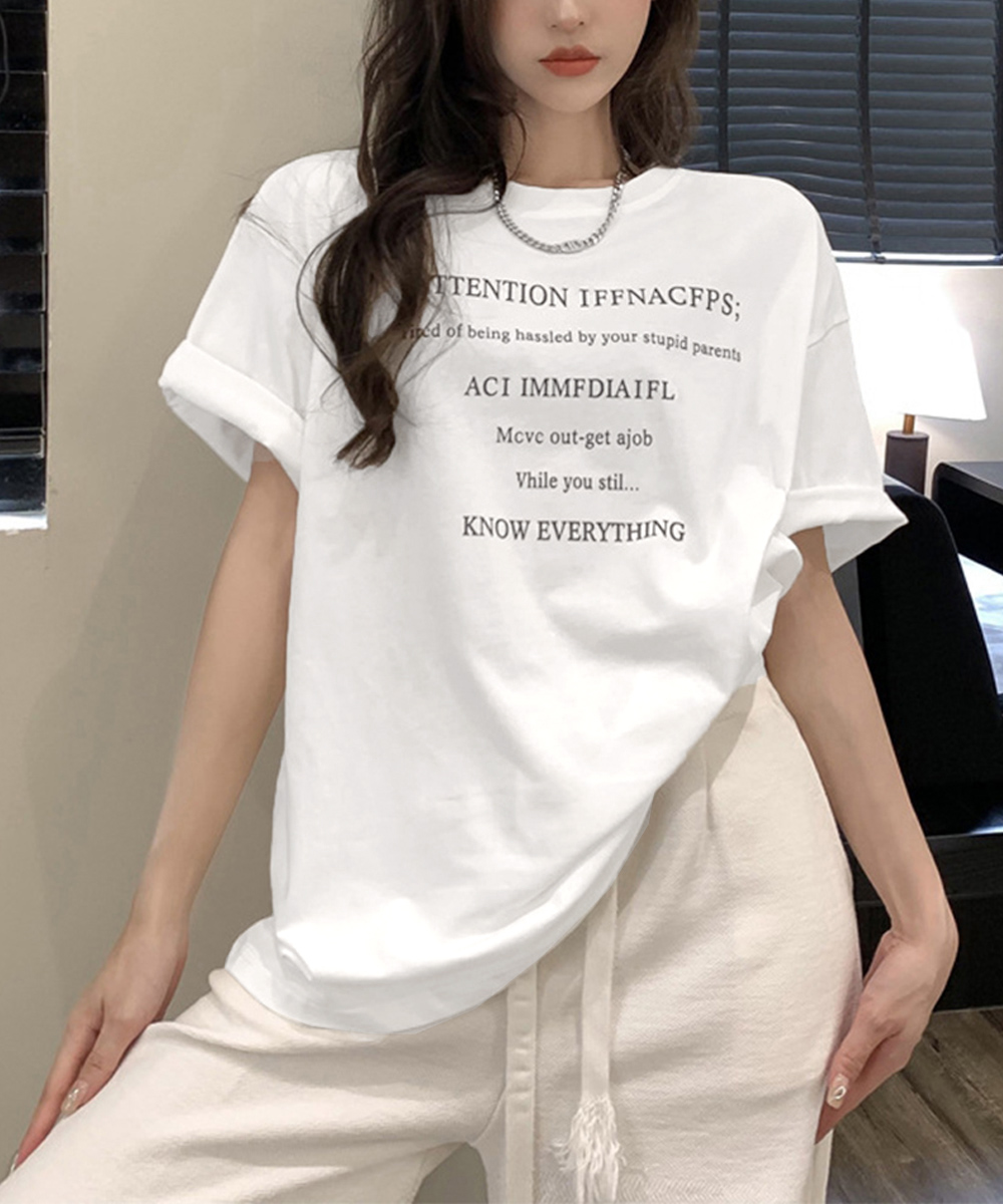 文字プリント半袖ゆったり韓国風白Tシャツ