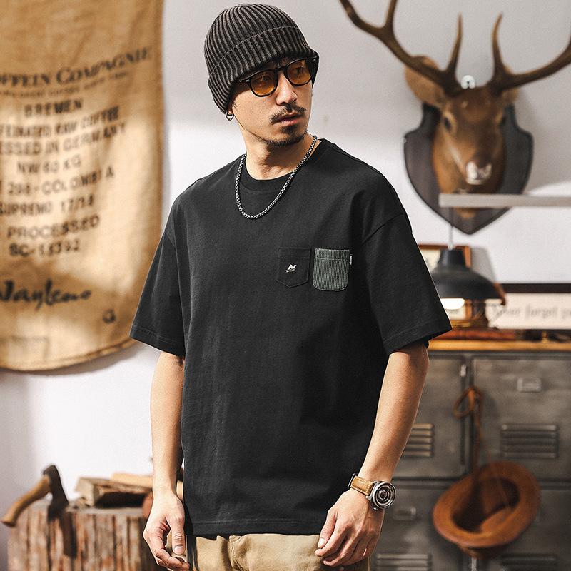 メンズ ゆったり半袖白Tシャツ ポケット付きカジュアルトップス