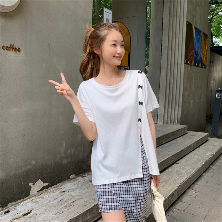 白Tシャツ 蝶結び装飾スリット入り半袖白色ティーシャツ