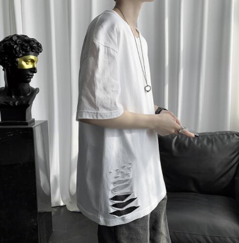 白Tシャツ メンズ白半袖ダメージ加工クルーネック半袖