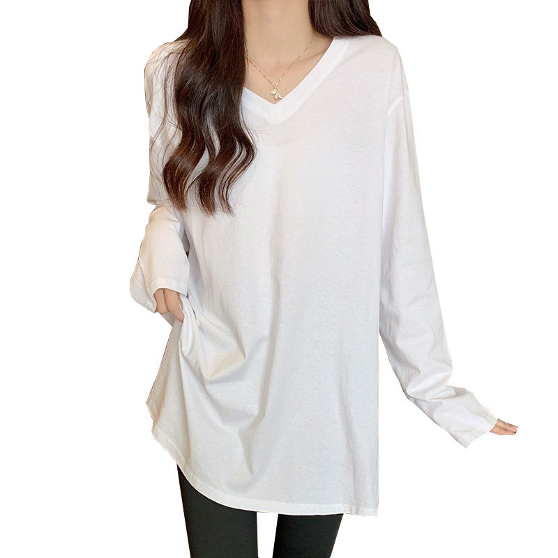 白Tシャツ ゆったりブイネック長袖ロング丈綿素材トップス