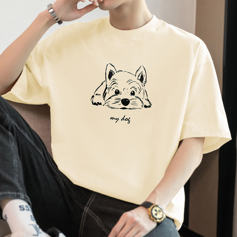 白Tシャツ メンズ 愛犬イラスト ゆったり半袖
