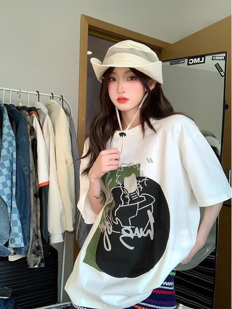 白Tシャツ レディース イラストアートオーバーサイズ半袖