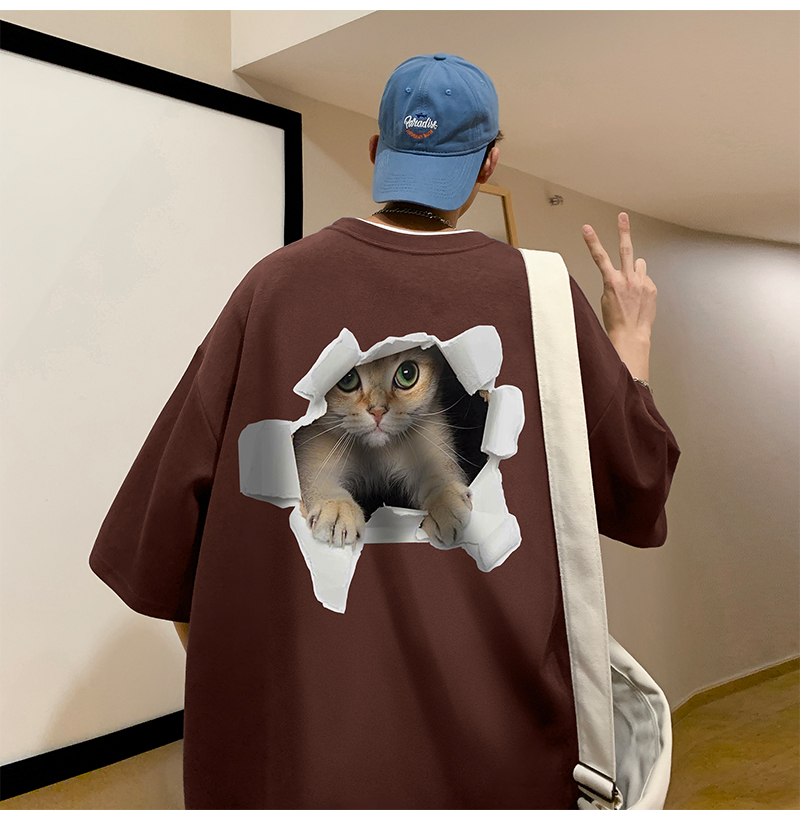 白Tシャツ メンズ 飛び出す猫 立体デザイン半袖
