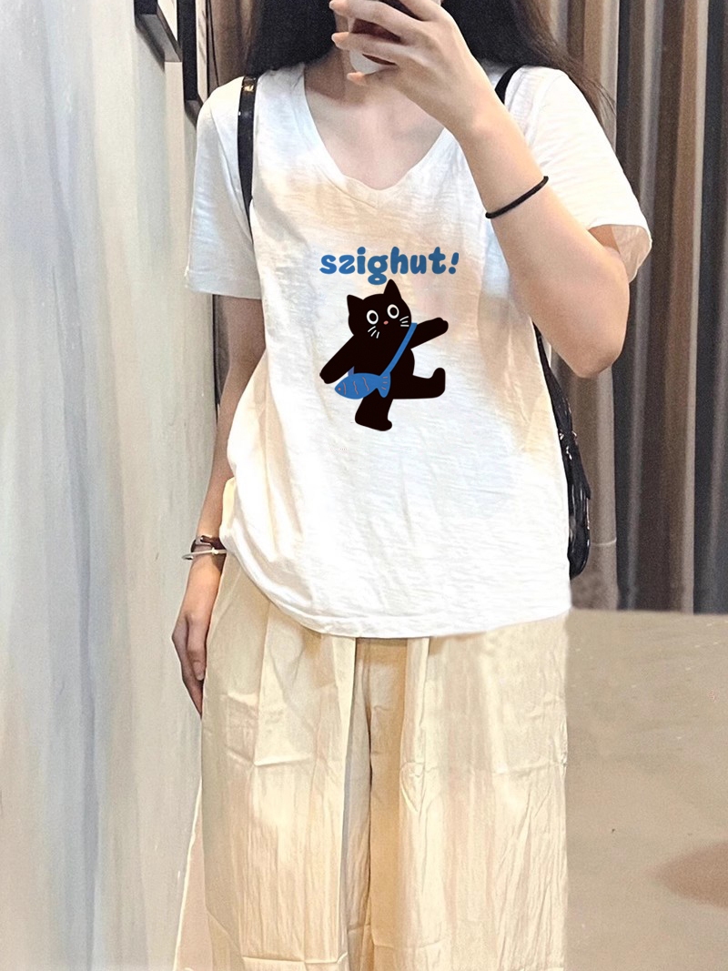 白Tシャツ レディース 遊び猫プリント半袖Vネックトップス