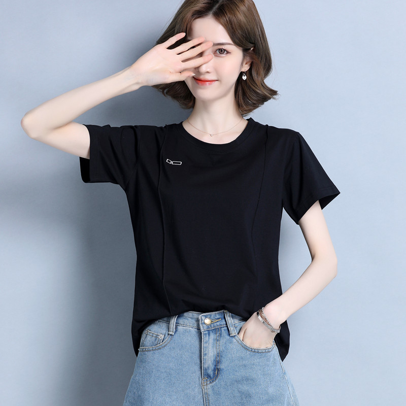 白Tシャツ レディース シンプル丸首ワンポイント半袖