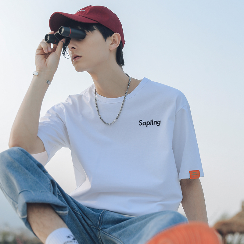 白Tシャツ メンズ シンプル胸ロゴ入り半袖カットソー