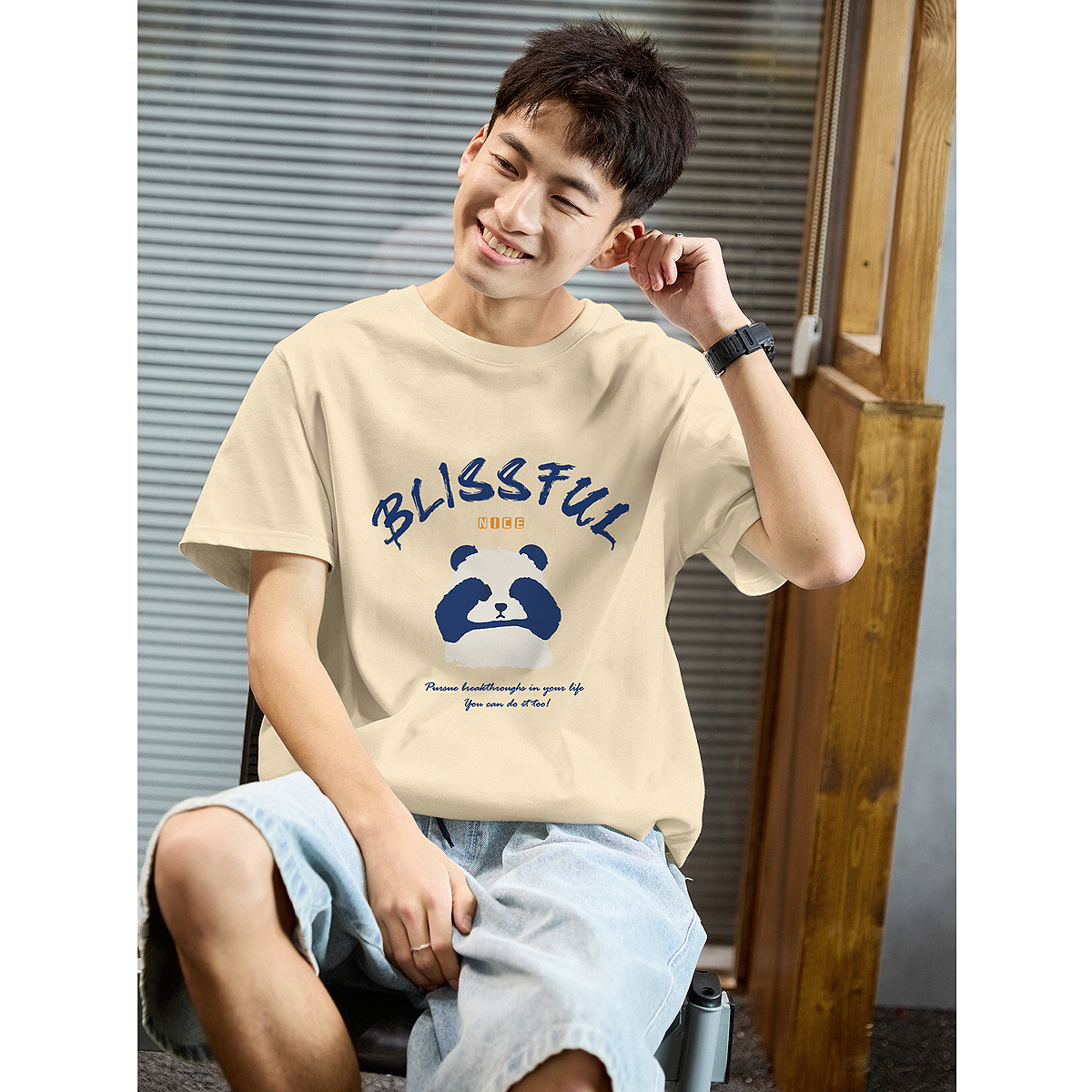 白Tシャツ メンズ 幸せパンダ イラスト半袖シャツ