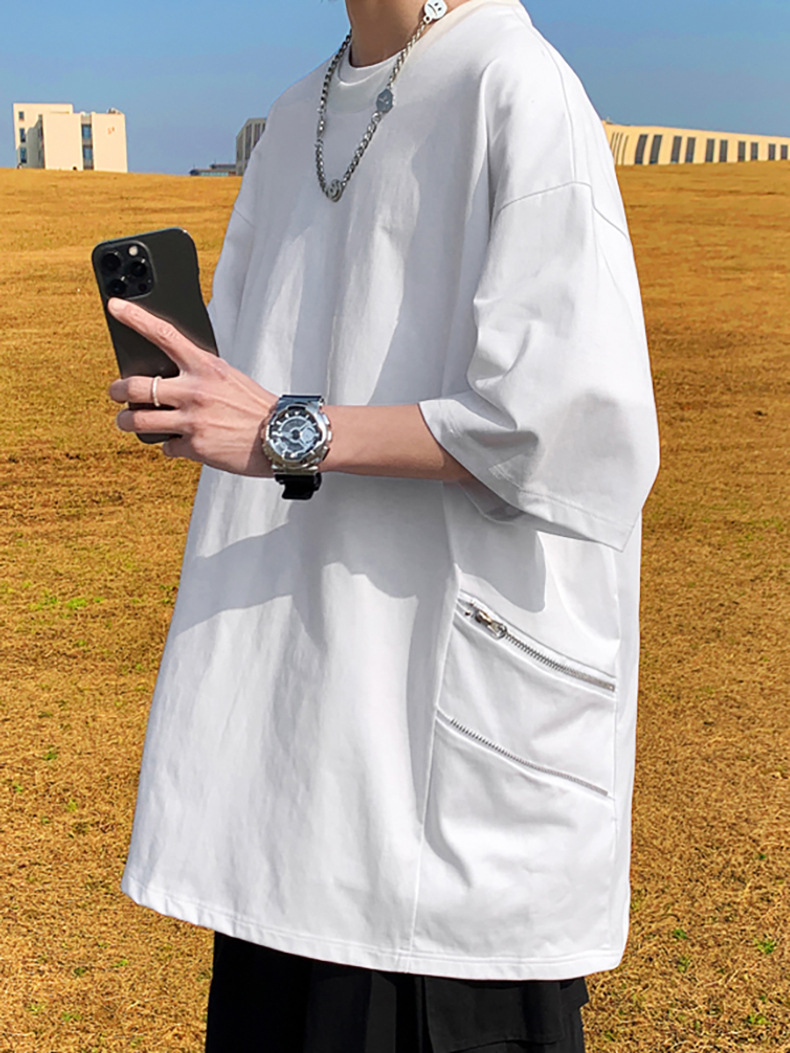 白Tシャツメンズ ジッパーポケット付きゆったりオーバーサイズ半袖丸首無地カットソー