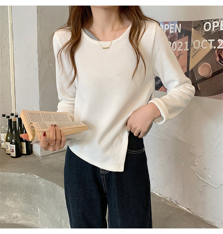 白Tシャツ 裏起毛重ね着風丸首長袖シャツ レディース