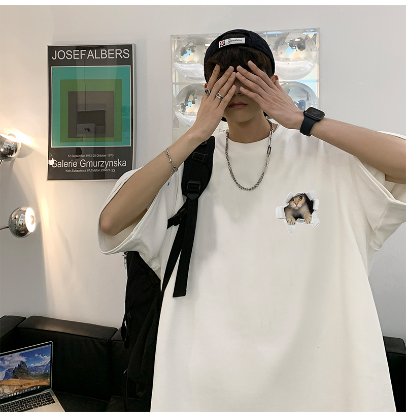 白Tシャツ メンズ 飛び出す猫 立体デザイン半袖
