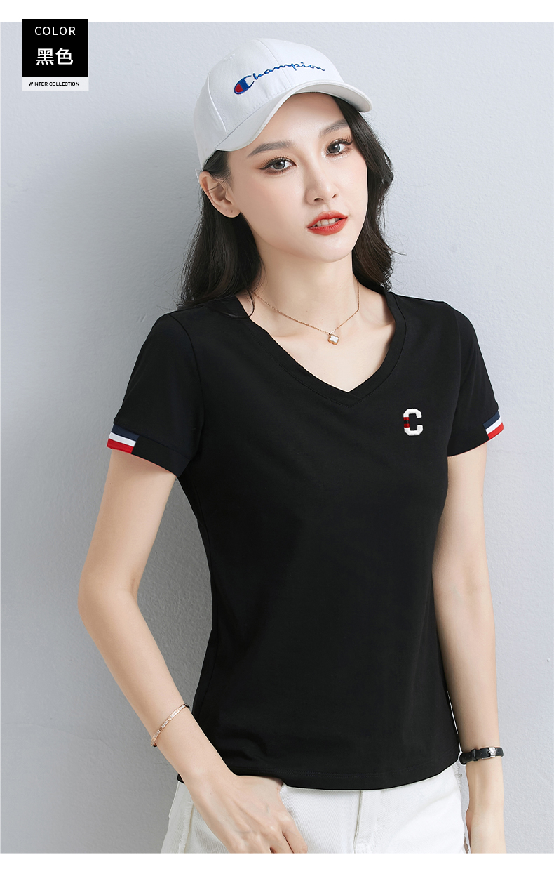 白Tシャツ トリコロール刺繍入り細身Vネック