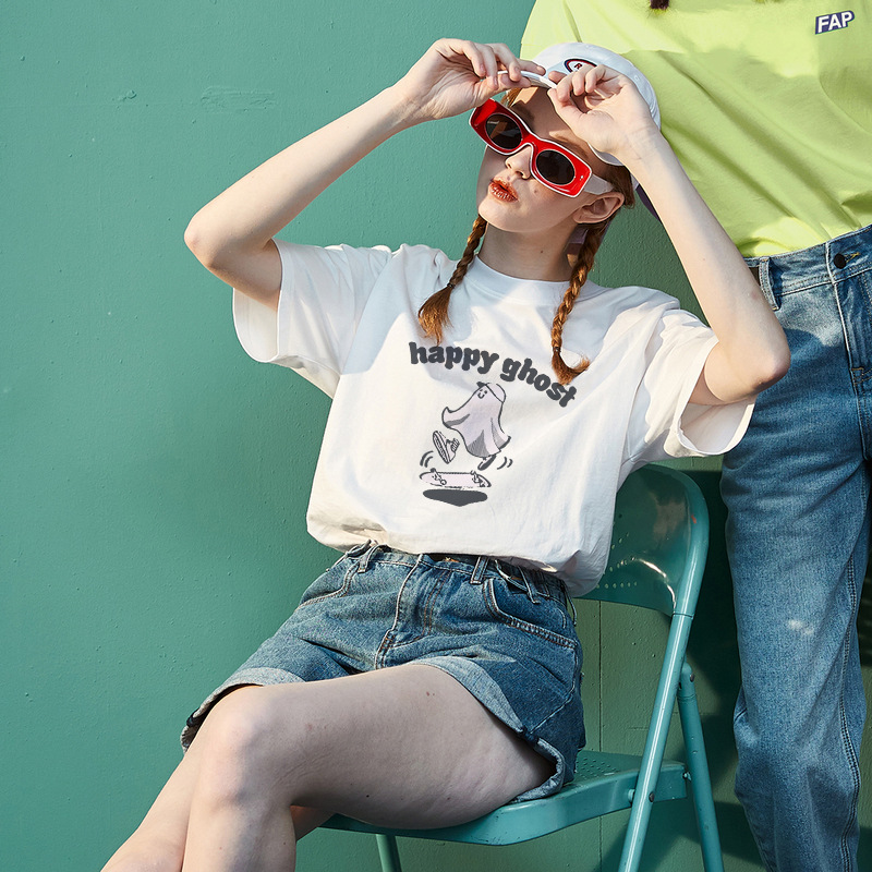 白Tシャツ レディース イラスト友達会プリント半袖シャツ