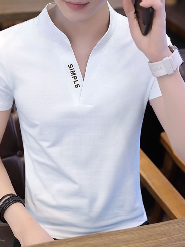 白Tシャツメンズ スタンドカラー半袖ロゴ入りカジュアルシャツ