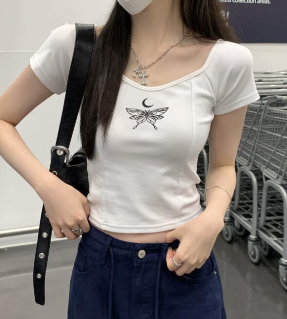 白Tシャツ 蝶々プリント半袖白カットソー レディーススリムトップス