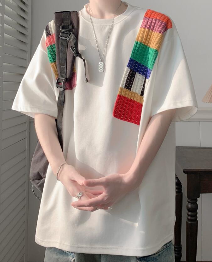 半袖白Tシャツ レインボー切り替えデザイン メンズ