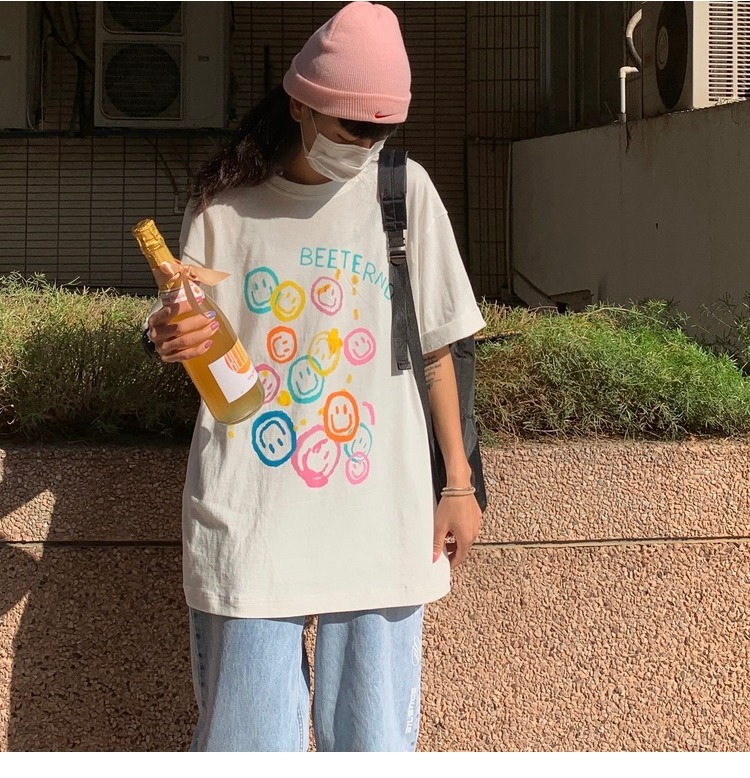 白Tシャツ レディース にこにこ笑顔プリント半袖シャツ