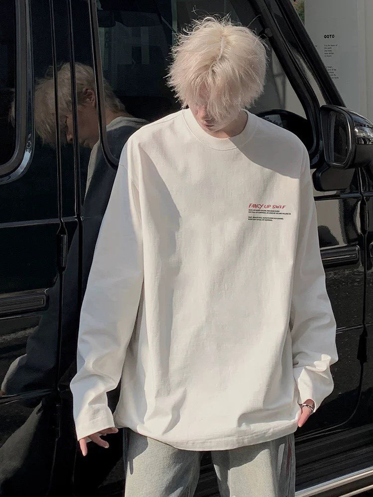 白Tシャツ メンズ 長袖 白 黒 文字プリント ゆったりサイズ 長袖シャツ 全2色