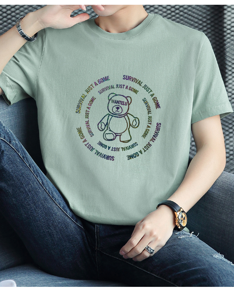 白Tシャツ メンズ くまさん円形刺繍カジュアル半袖
