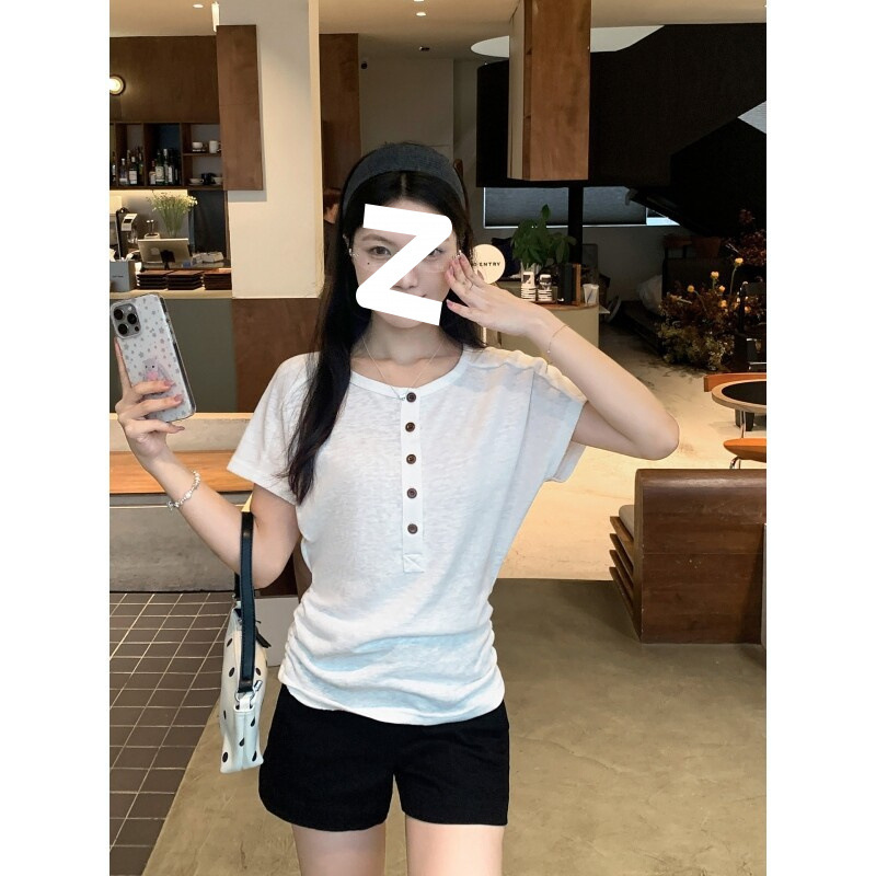 白Tシャツ 丸首ボタン飾り半袖スリムカットソー