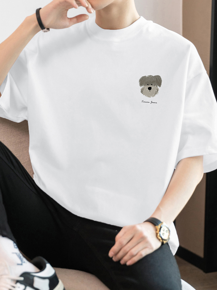 白Tシャツ メンズ 子犬刺繍入りゆったり半袖