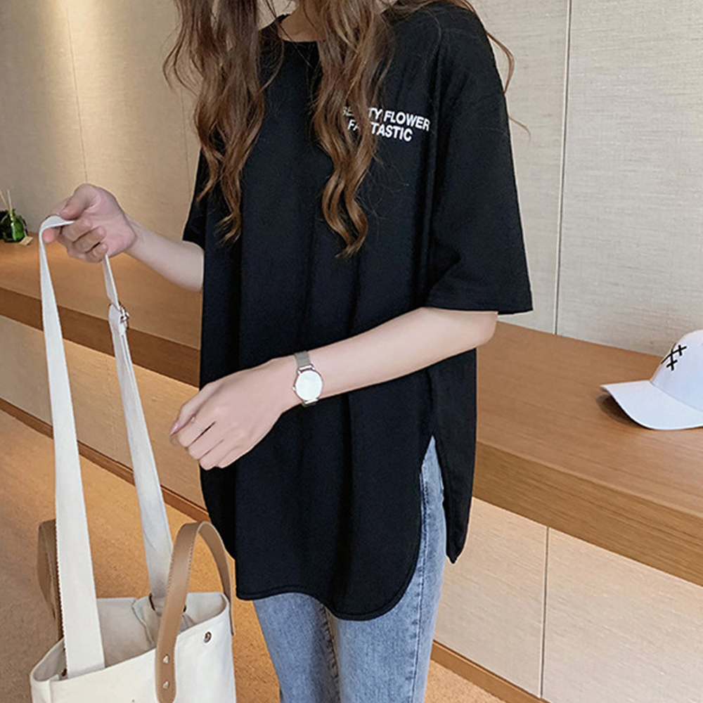 白Tシャツ 文字ロゴ白シャツ レディース サイドスリット韓国風