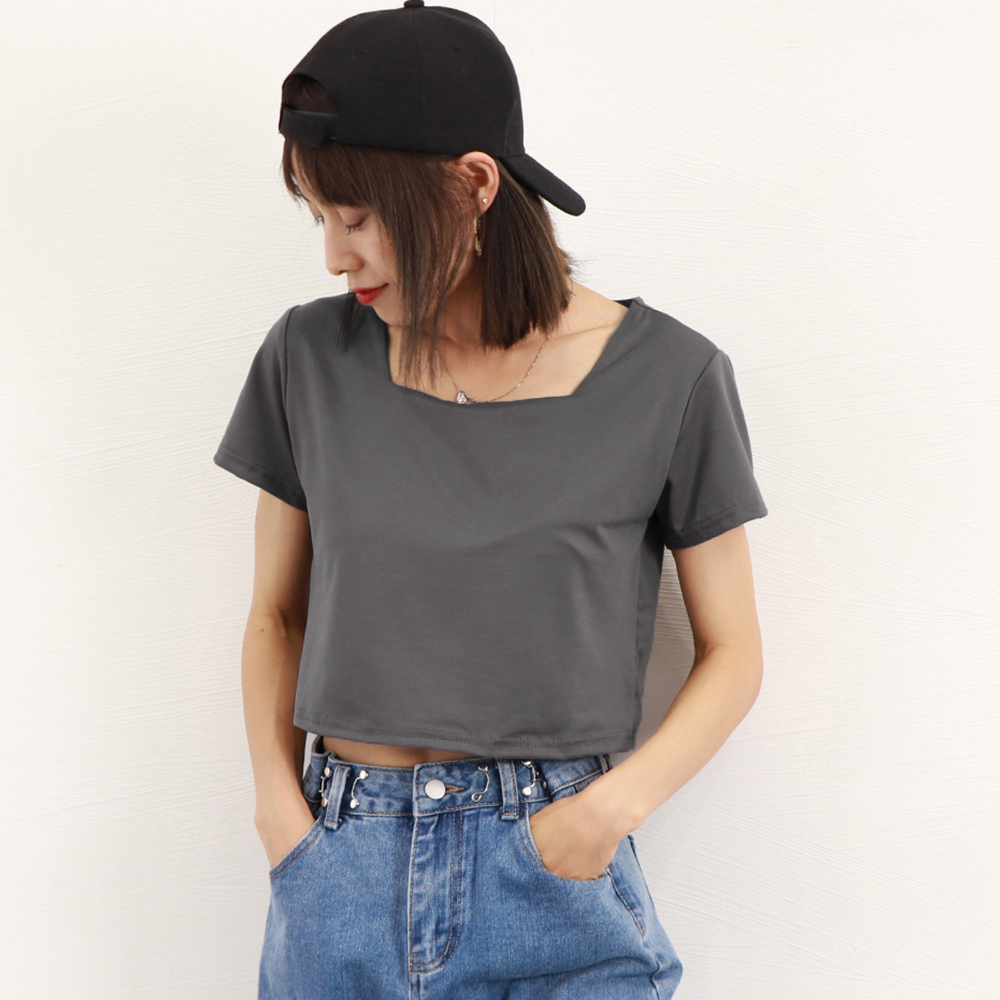 スクエアネック ショート丈半袖白Tシャツ レディース