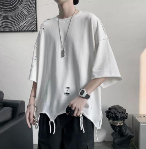 メンズ 白Tシャツ 半袖 ダメージ加工 オーバーサイズ
