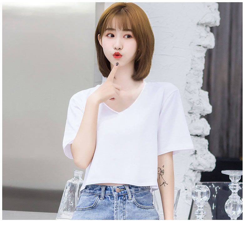 白Tシャツ 深めブイネック短丈半袖トップス