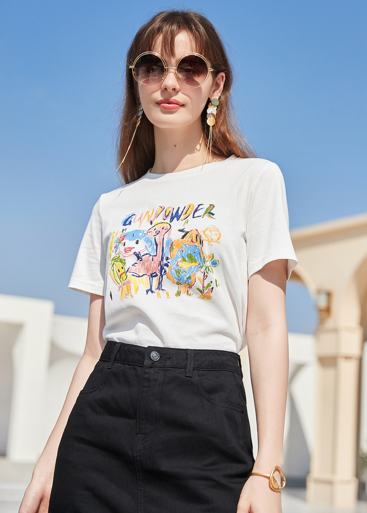 白Tシャツ 手描き風アート 半袖カットソー