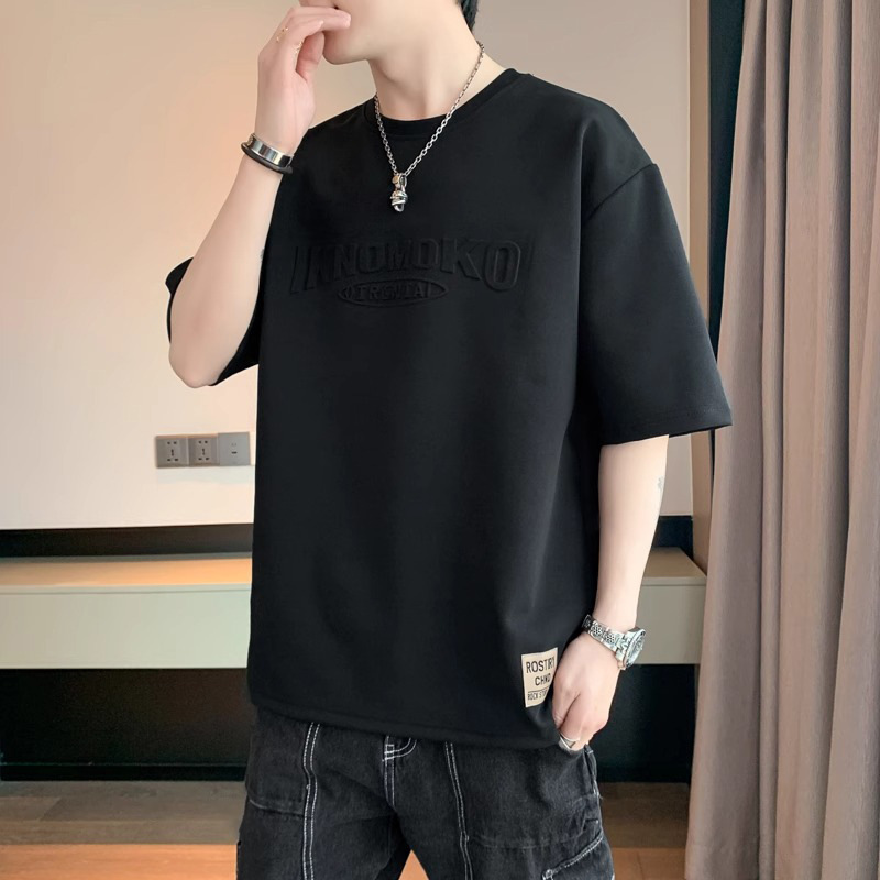 白Tシャツ メンズ 立体ロゴ入り半袖クルーネック