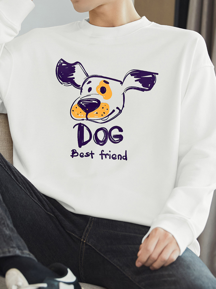 白Tシャツ メンズ わんこ仲間プリント長袖トレーナー