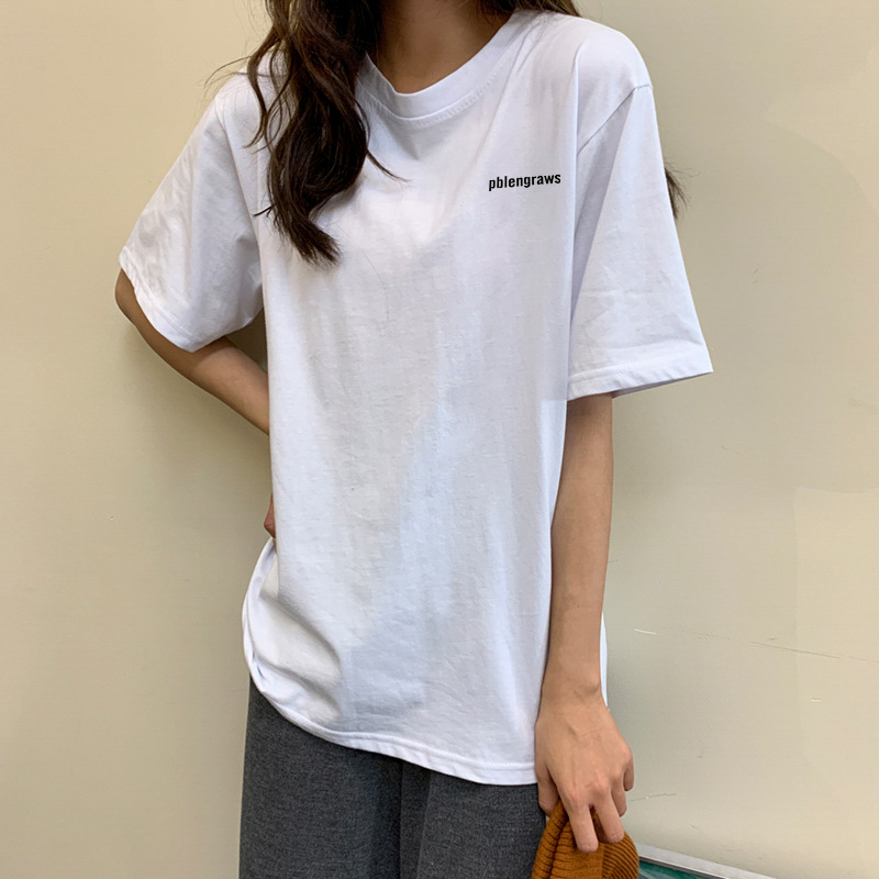 白Tシャツ レディース シンプル文字入りゆったりロゴ半袖
