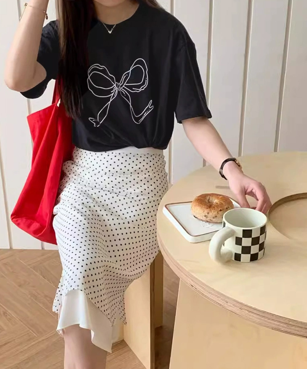 白Tシャツ リボンプリント半袖Tシャツ レディース 白T