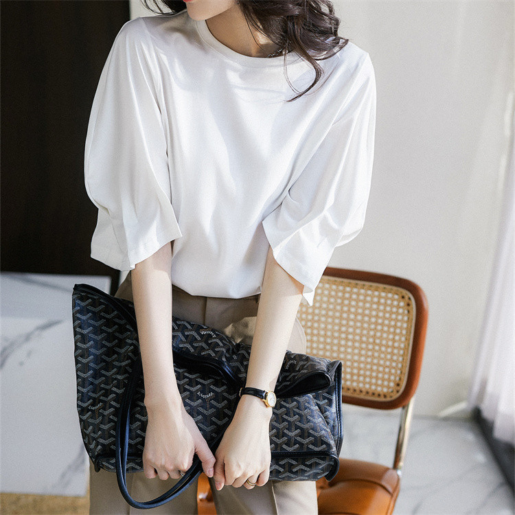 白Tシャツ ゆったりパフスリーブ丸首半袖白シャツ