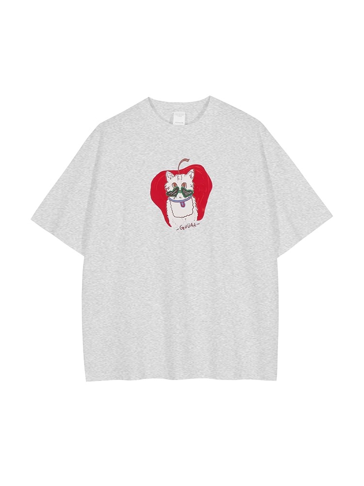 白Tシャツ メンズ 猫と林檎イラスト入りゆったり半袖