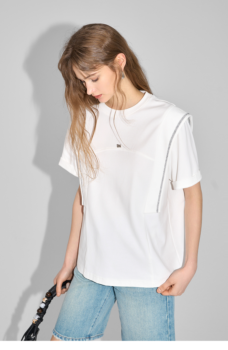 白Tシャツ レディース 立体ポケット装飾ゆったり半袖