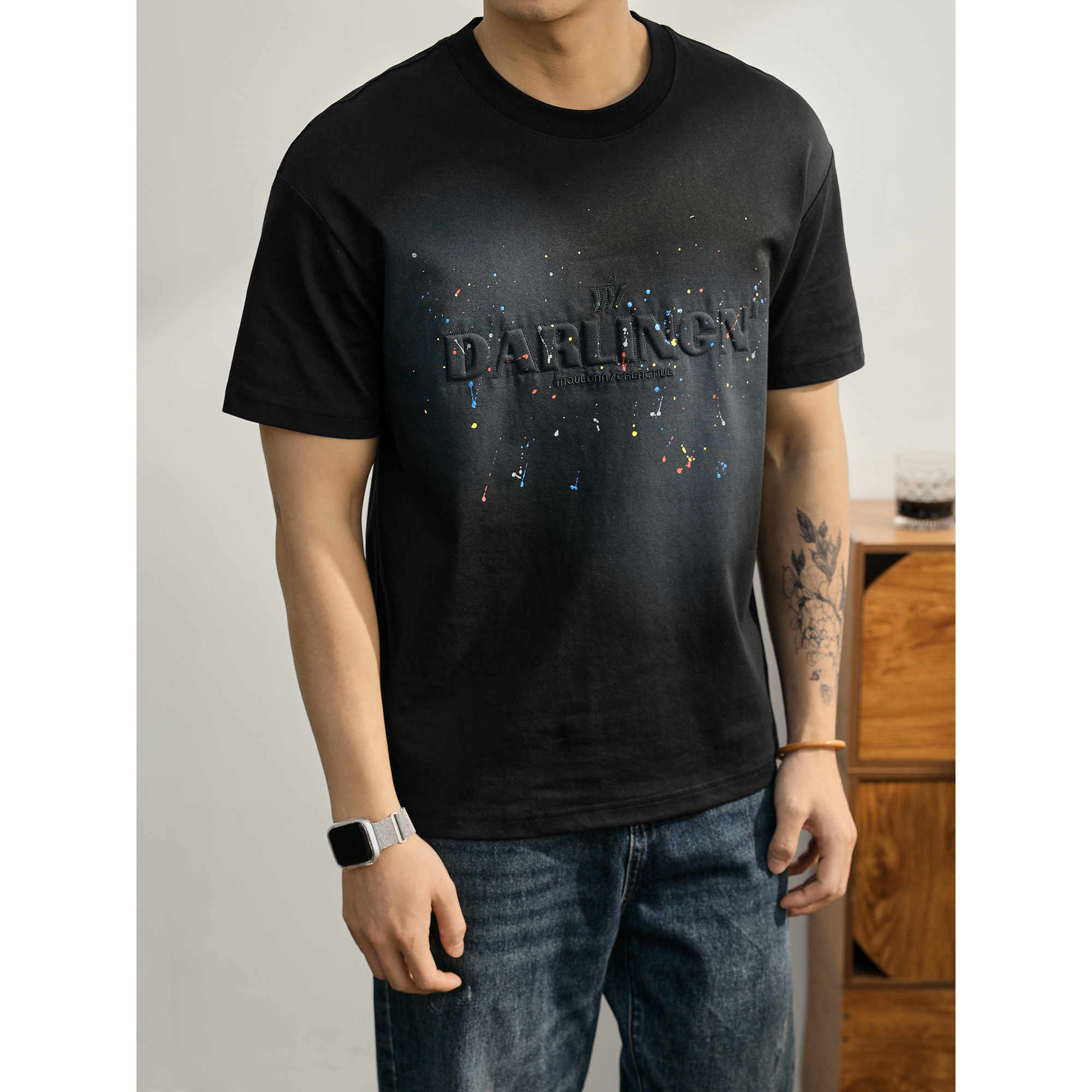 白Tシャツ メンズ 立体刺繍入り 飛沫模様カジュアル半袖