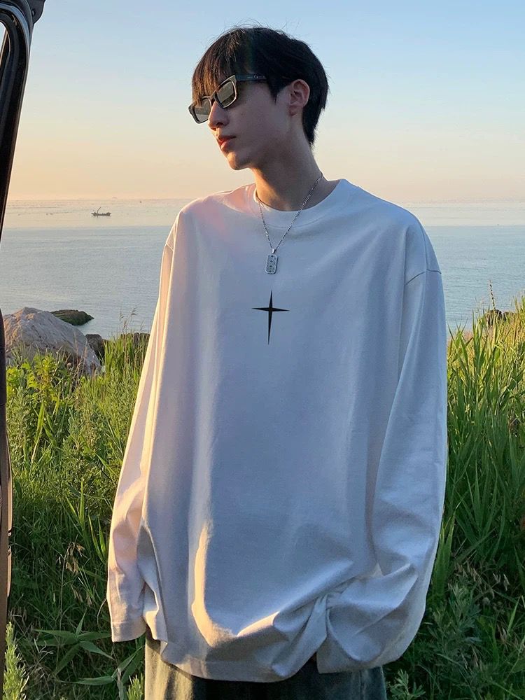 メンズ十字架プリント長袖白Tシャツゆったりシルエット
