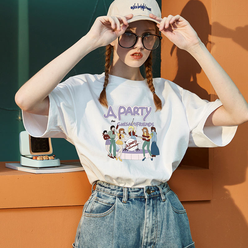 白Tシャツ レディース イラスト友達会プリント半袖シャツ