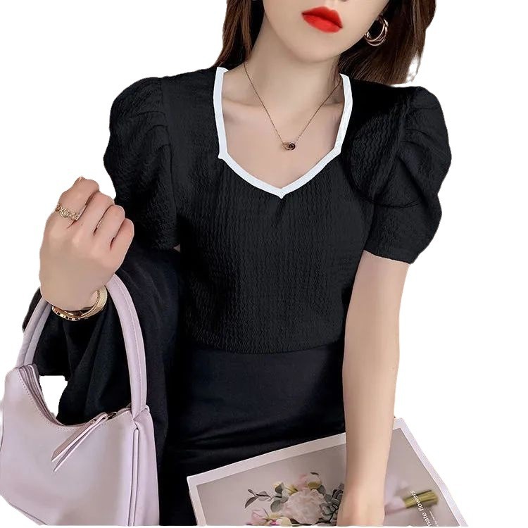 白Tシャツレディース パフスリーブ配色パイピングブイネック半袖トップス