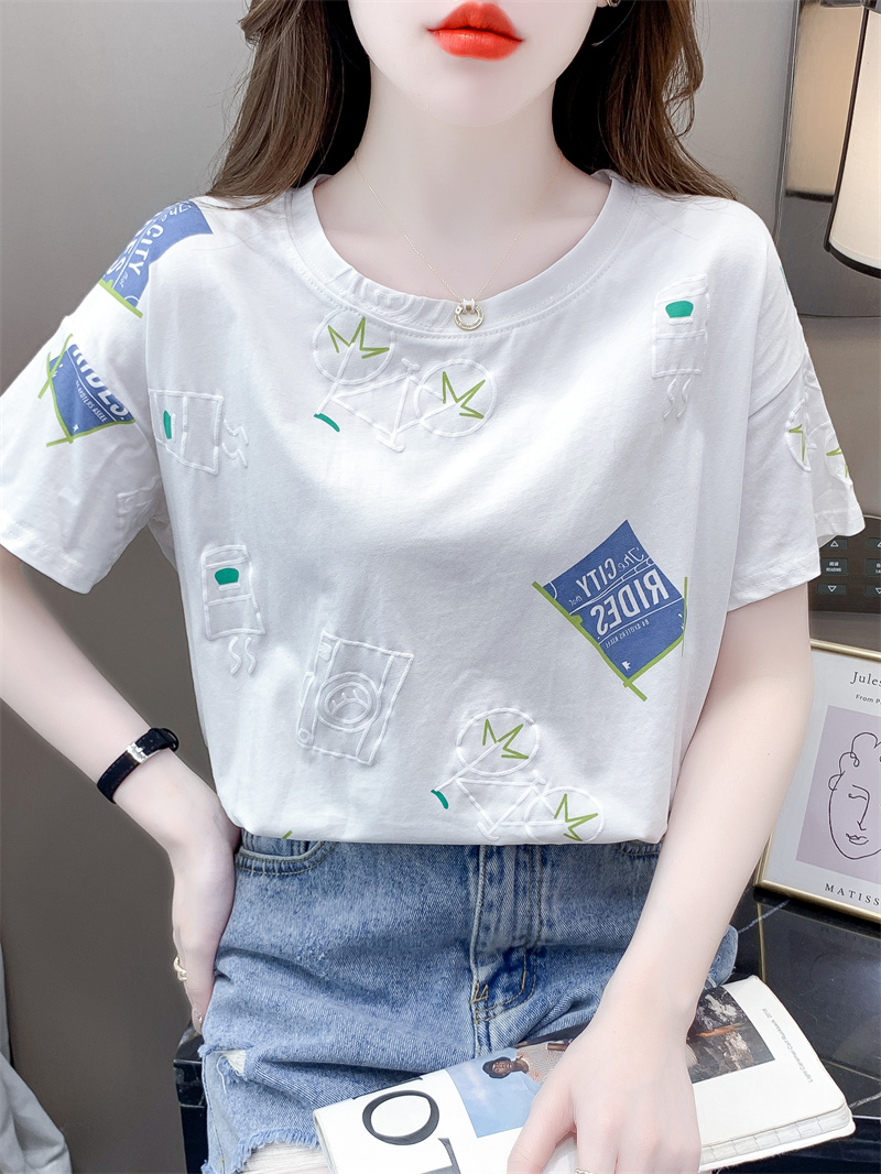 白Tシャツ レディース モダン柄プリントゆったり半袖