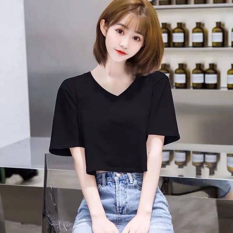 白Tシャツ 深めブイネック短丈半袖トップス