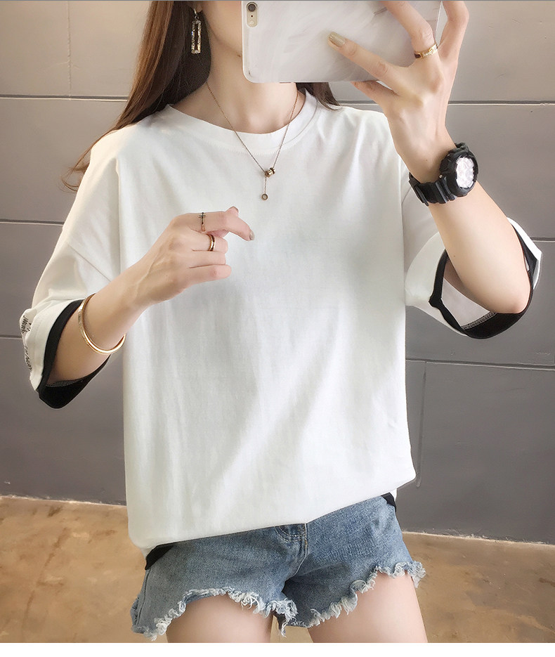 白Tシャツ 袖配色ラインゆったりクルーネック半袖トップス