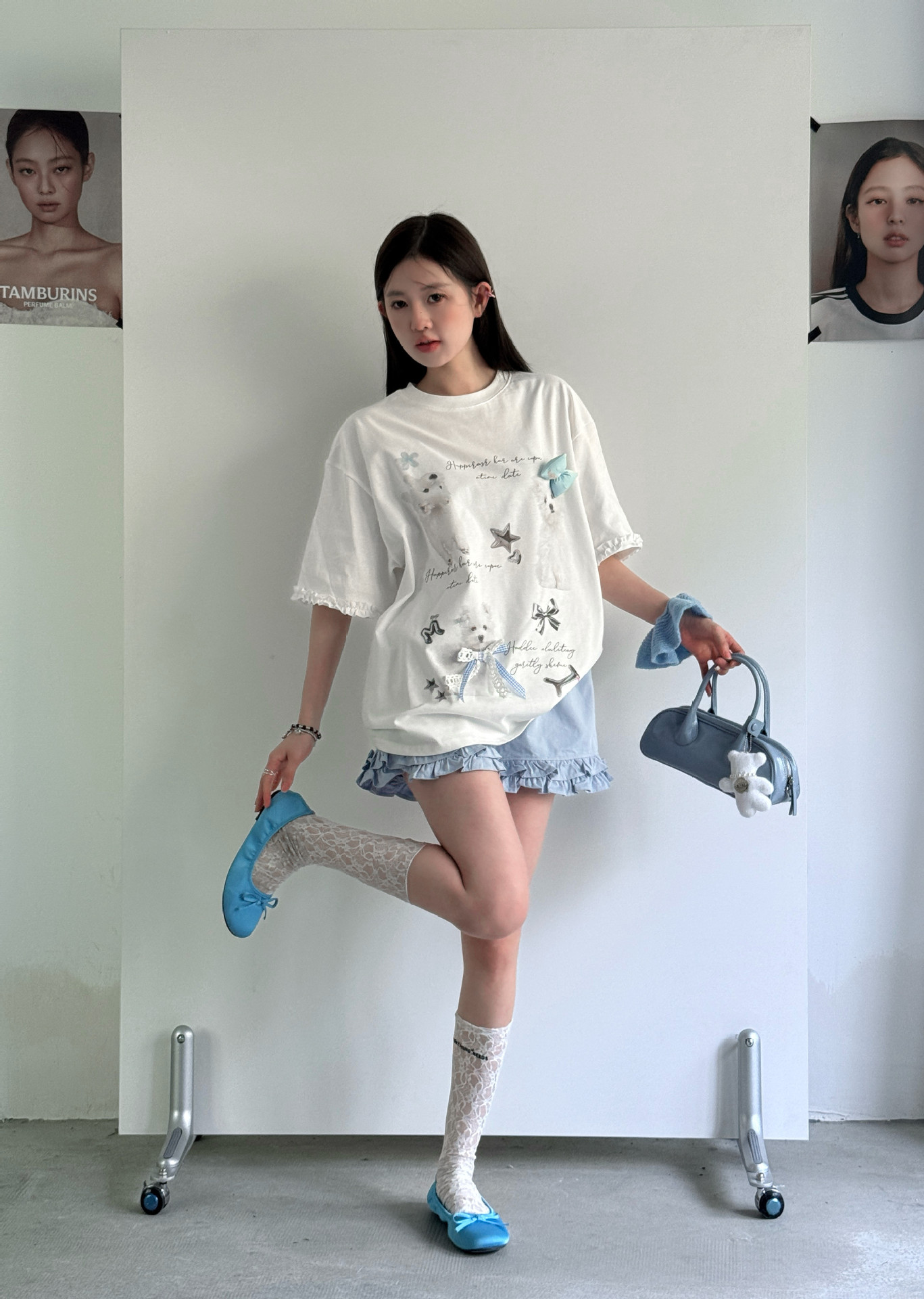 白Tシャツ レディース フリル袖子犬プリント半袖シャツ
